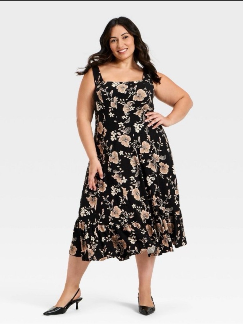 Floral Square-Neck Midi Dress in Black and Beige Plus size - Picture 1 of 2